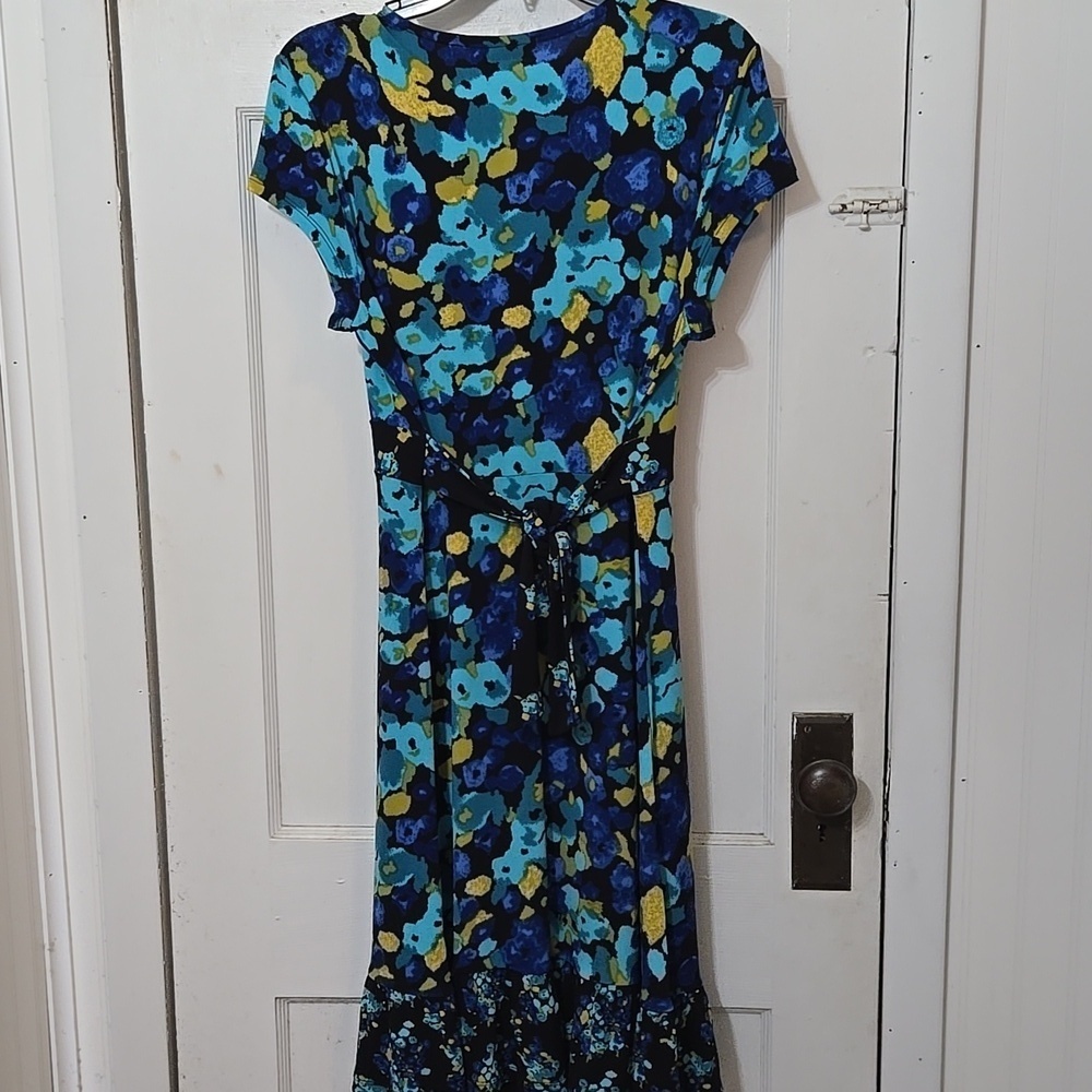 APT 9 STRETCH Rayon Floral Blue BLACK and GOLD Women's Dress Very Good Condition - Picture 5 of 8